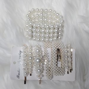 New 8 Piece Pearl Hair Clips/Barrettes with 4 Layer Pearl Bracelet